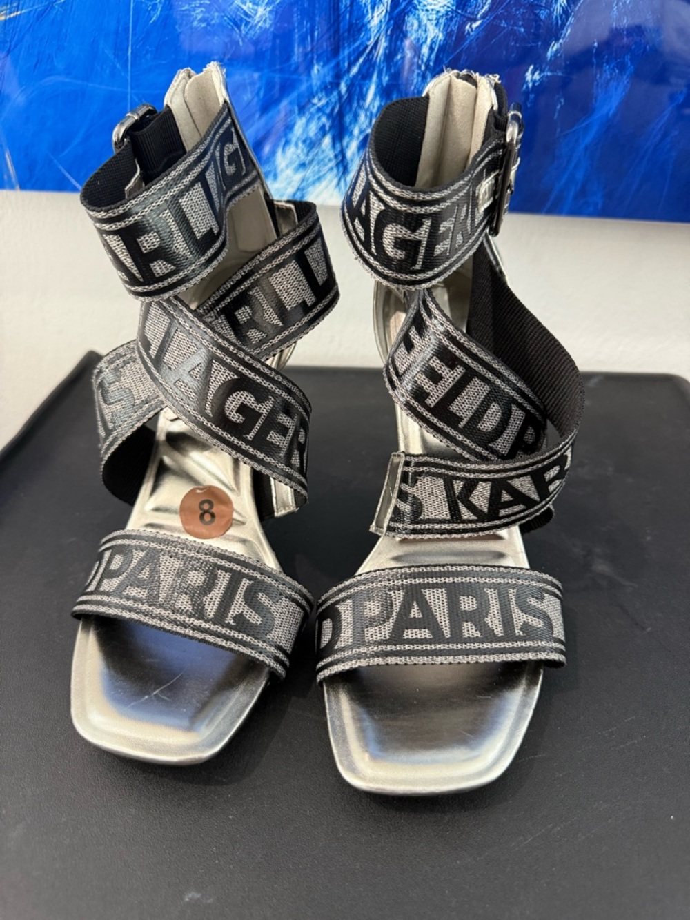 Karl Lagerfeld Black and Silver Logo Wrap Heel Sandals